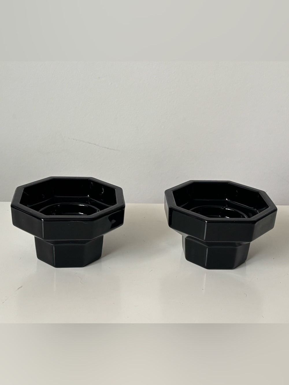 Black Octagonal Ceramic Candle Holder Set | Modern Glossy Candleholders